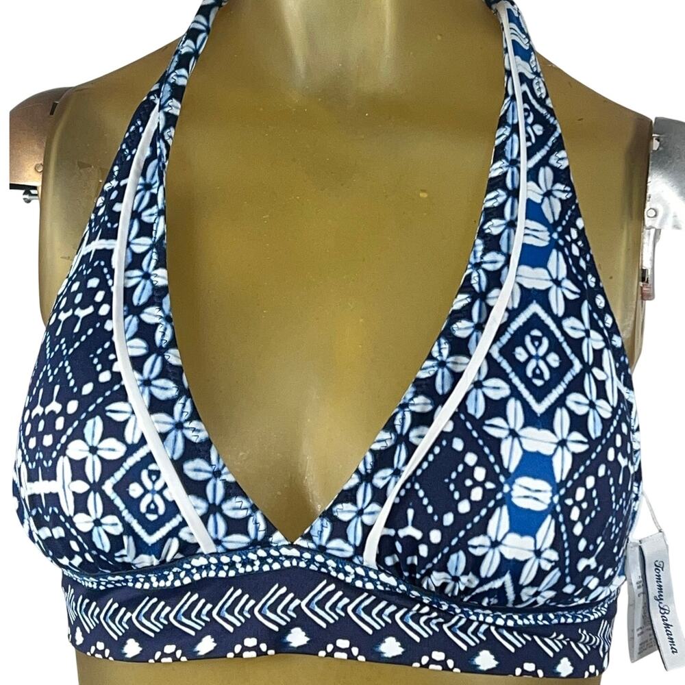 Tommy Baham Reversible Indigo Cowrie Halter Bikini Top Geometric Flower Tall/S/P